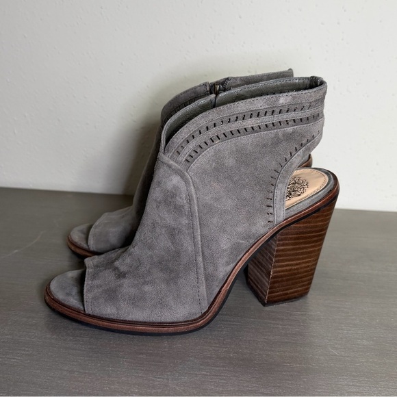 Vince Camuto Peep Toe Ankle Boots - Gray Suede - Block Heel - Picture 2 of 8
